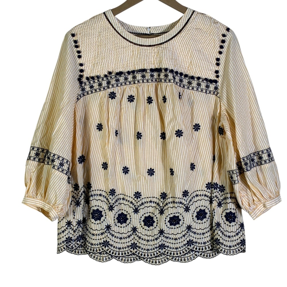 crown & ivy Cream Blouse with Navy Embroidered Detail